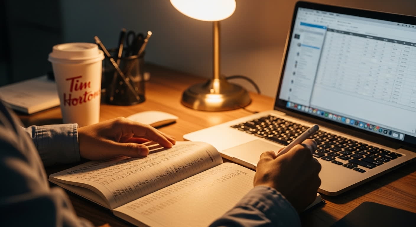 Smart pick 649 player studying Lotto 6/49 number patterns in a notebook beside a laptop